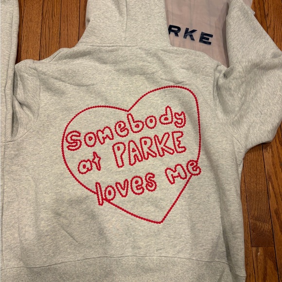 Parke Valentines 2026 Gray Hoodie with Red Stitching Somebody Loves Me L/XL - Picture 2 of 5